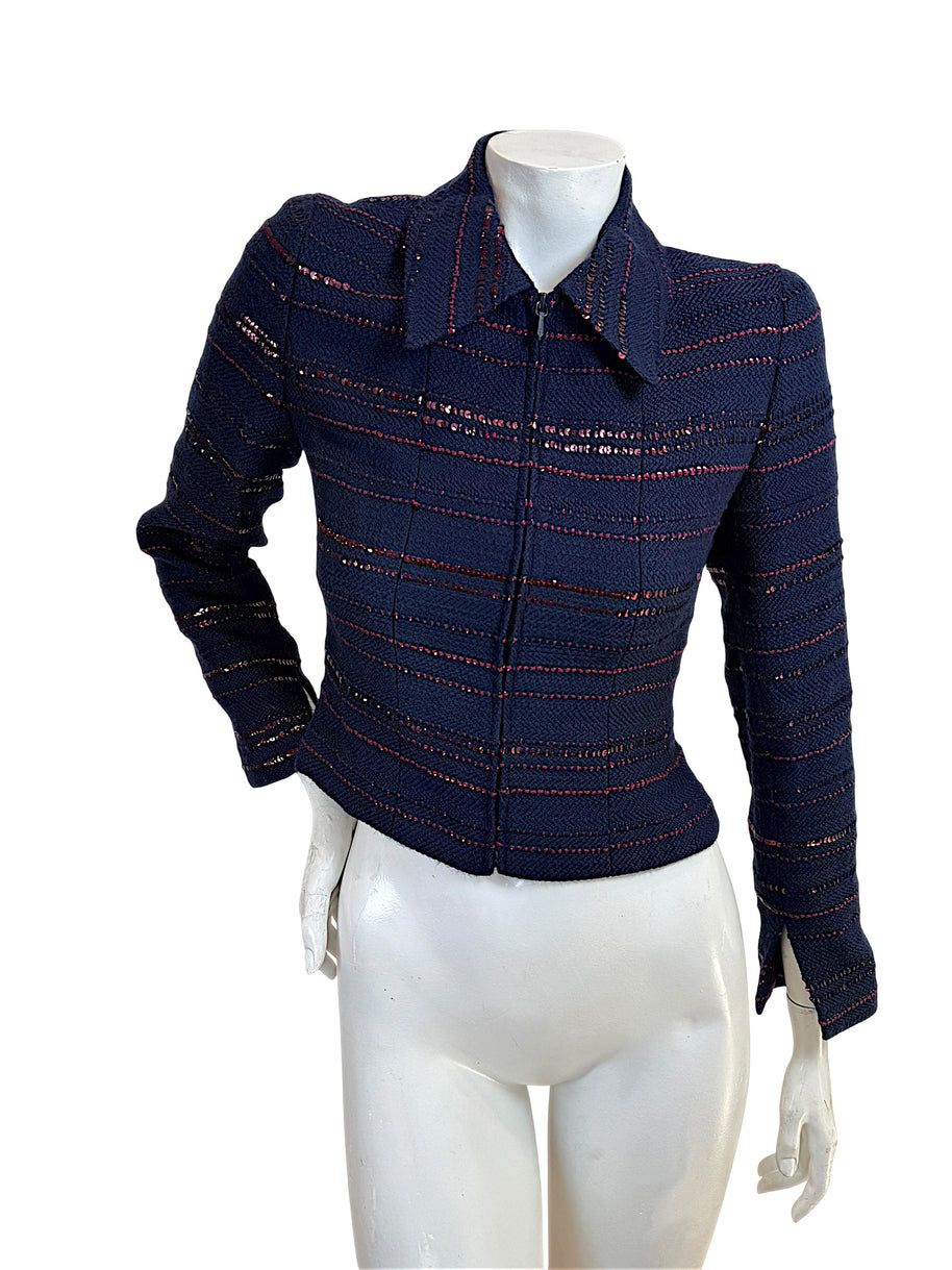 Chanel navy tweed jacket with burgundy sequin detailing front view zip closure structured silhouette
