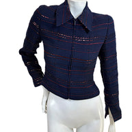 Chanel navy tweed jacket with burgundy sequin detailing front view zip closure structured silhouette