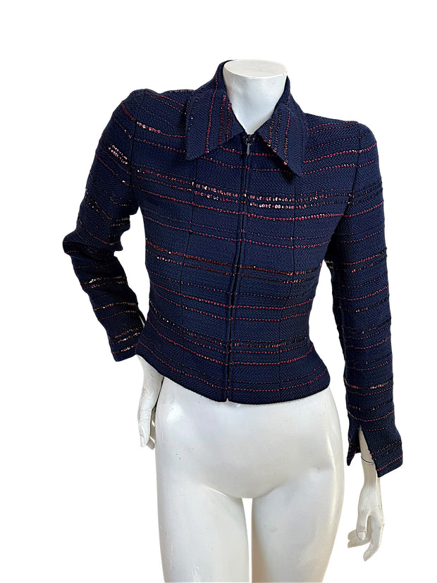 Chanel navy tweed jacket with burgundy sequin detailing front view zip closure structured silhouette