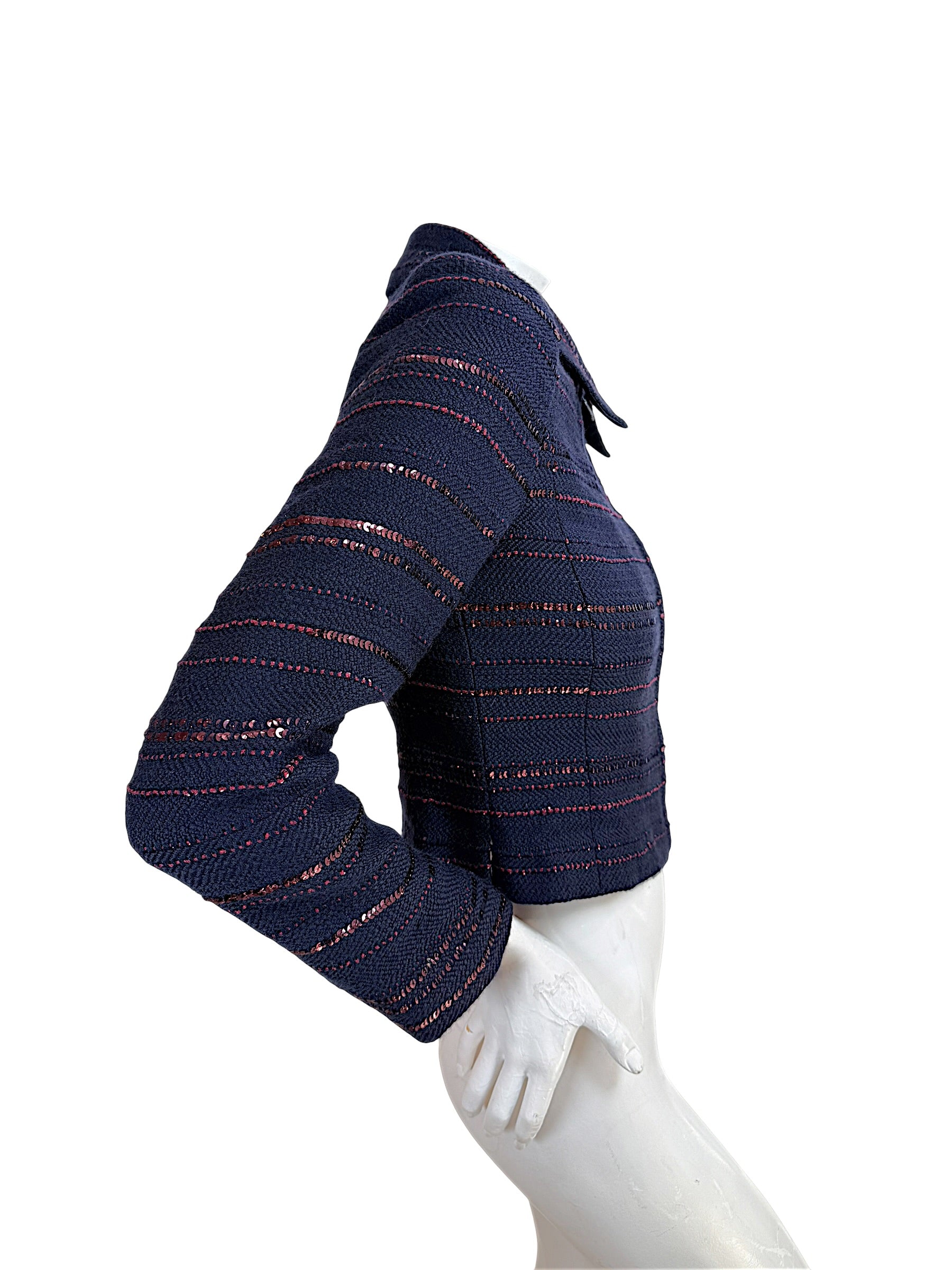 Chanel navy sequin tweed jacket right side view showing slim tailored silhouette