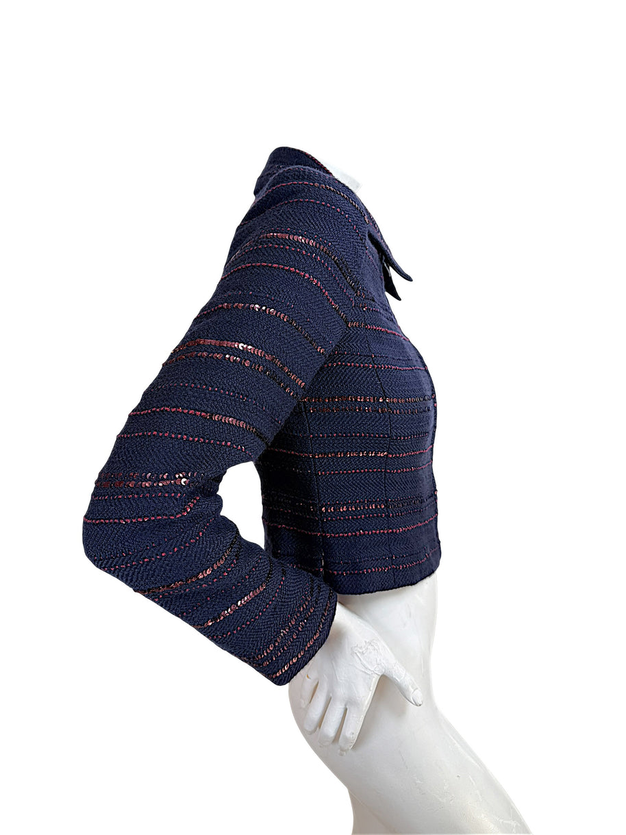 Chanel navy sequin tweed jacket right side view showing slim tailored silhouette