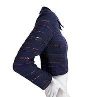 Chanel navy sequin tweed jacket right side view showing slim tailored silhouette