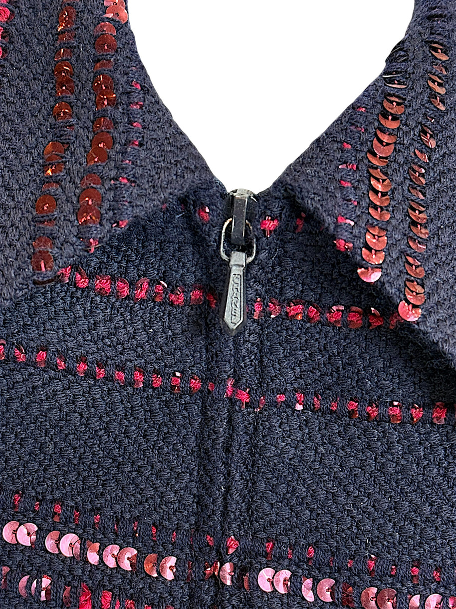 Chanel jacket zipper detail with navy tweed and burgundy sequin trim close up