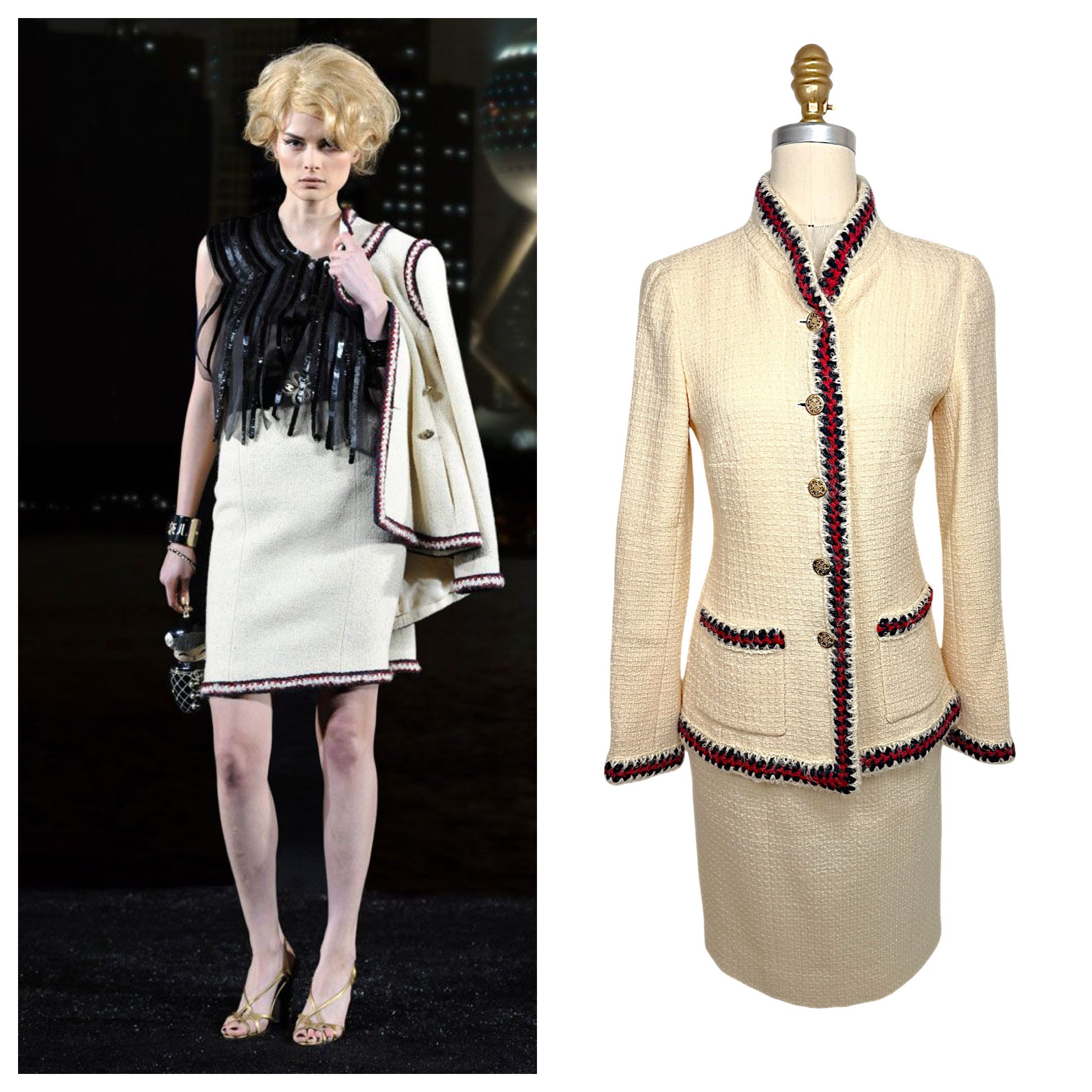 Side-by-side comparison of the documented Chanel Pre-Fall 2010 Paris-Shanghai Runway Look 42 and the matching collector's ivory bouclé skirt suit.
