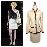 Side-by-side comparison of the documented Chanel Pre-Fall 2010 Paris-Shanghai Runway Look 42 and the matching collector's ivory bouclé skirt suit.