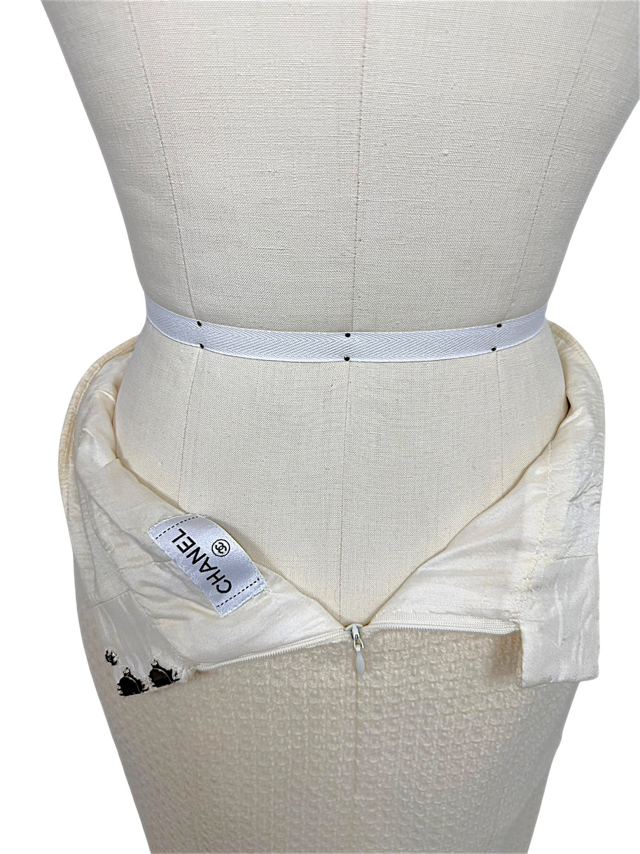 Interior view of Chanel Pre-Fall 2010 pencil skirt showing silk lining, waistband construction and concealed rear zipper.