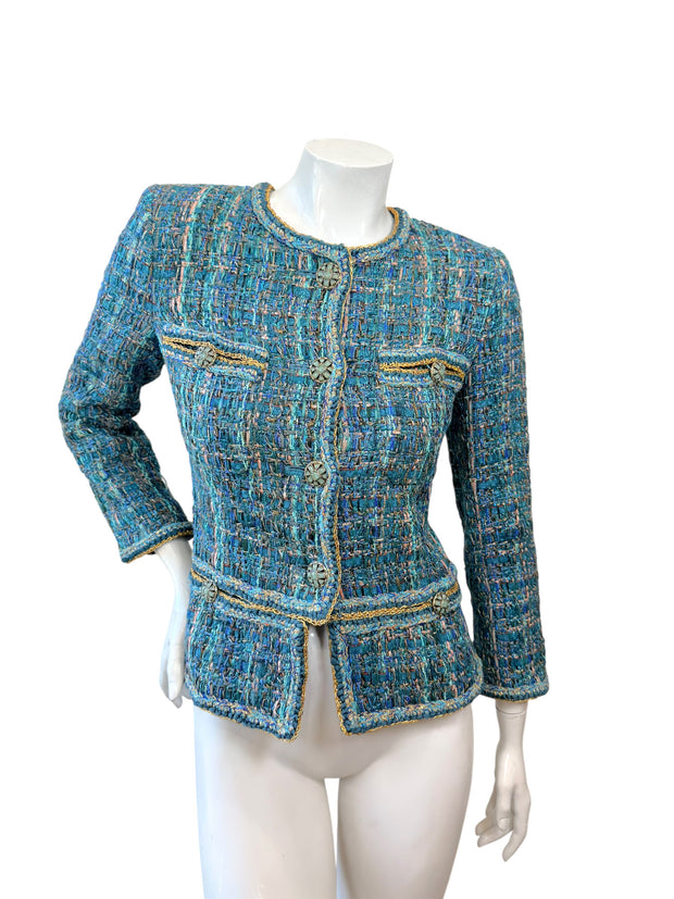Chanel Pre-Fall 2019 blue multicolor tweed jacket FR 36 front view