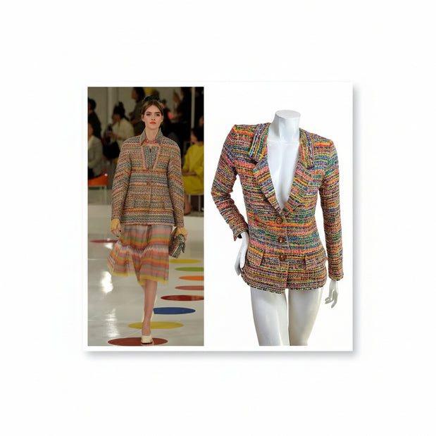 Side by side comparison of Chanel Resort 2016 runway Look 18 and multicolor tweed jacket