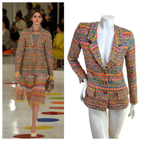 Side by side comparison of Chanel Resort 2016 runway Look 18 and multicolor tweed jacket