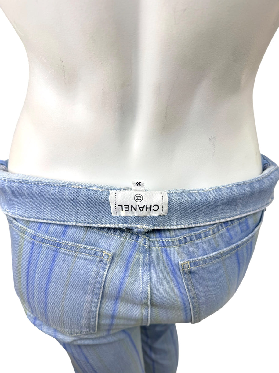 Interior waistband label of Chanel Spring 2006 striped denim jeans showing size 36 branding.