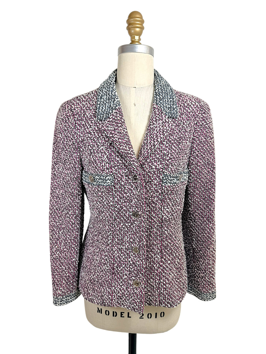 Chanel Boutique Spring 1996 pink black and white tweed jacket front view with CC medallion buttons and contrast collar trim