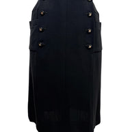Vintage Chanel Spring 1997 black midi skirt with double-breasted gold CC buttons and oversized patch pockets, front view