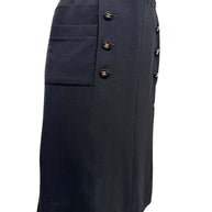 Chanel Spring 1997 black midi skirt with gold CC buttons and oversized patch pocket, left side view