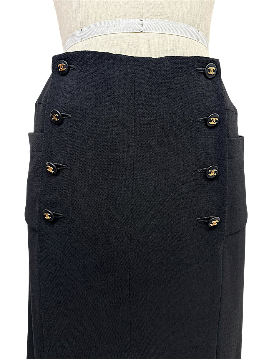 Chanel Spring 1997 black skirt featuring double rows of black and gold interlocking CC logo buttons