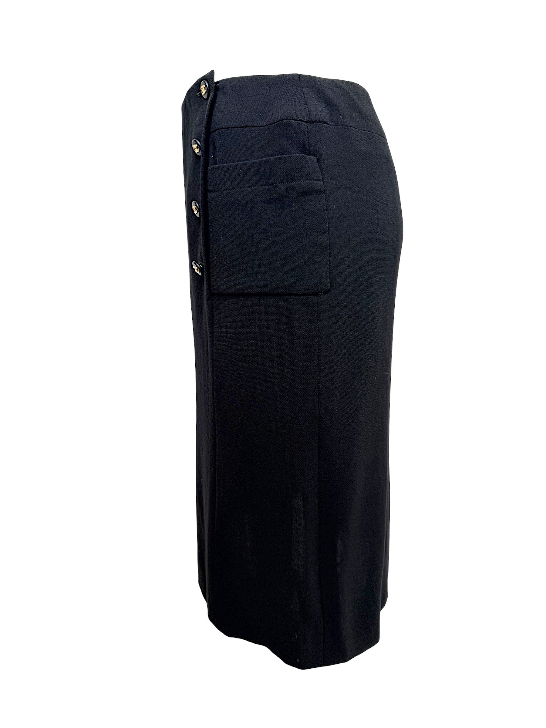 Vintage Chanel Spring 1997 black skirt showing high waist, patch pocket and CC button front detail, side profile