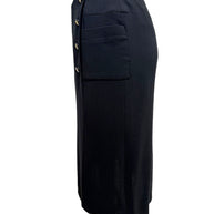 Vintage Chanel Spring 1997 black skirt showing high waist, patch pocket and CC button front detail, side profile
