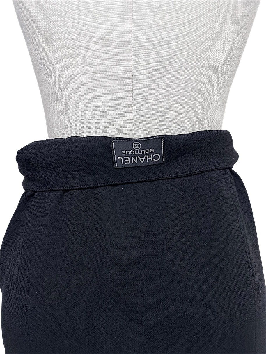 Interior CHANEL BOUTIQUE label on vintage Chanel Spring 1997 black midi skirt