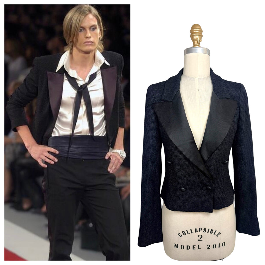 Side-by-side comparison of the documented Chanel Spring Summer 2005 runway look and the matching cropped black bouclé tuxedo jacket available for purchase.