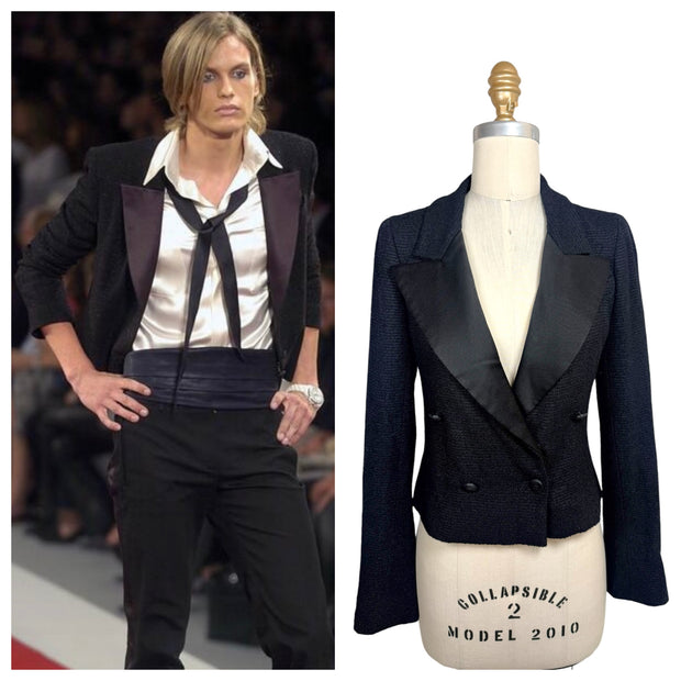 Side-by-side comparison of the documented Chanel Spring Summer 2005 runway look and the matching cropped black bouclé tuxedo jacket available for purchase.