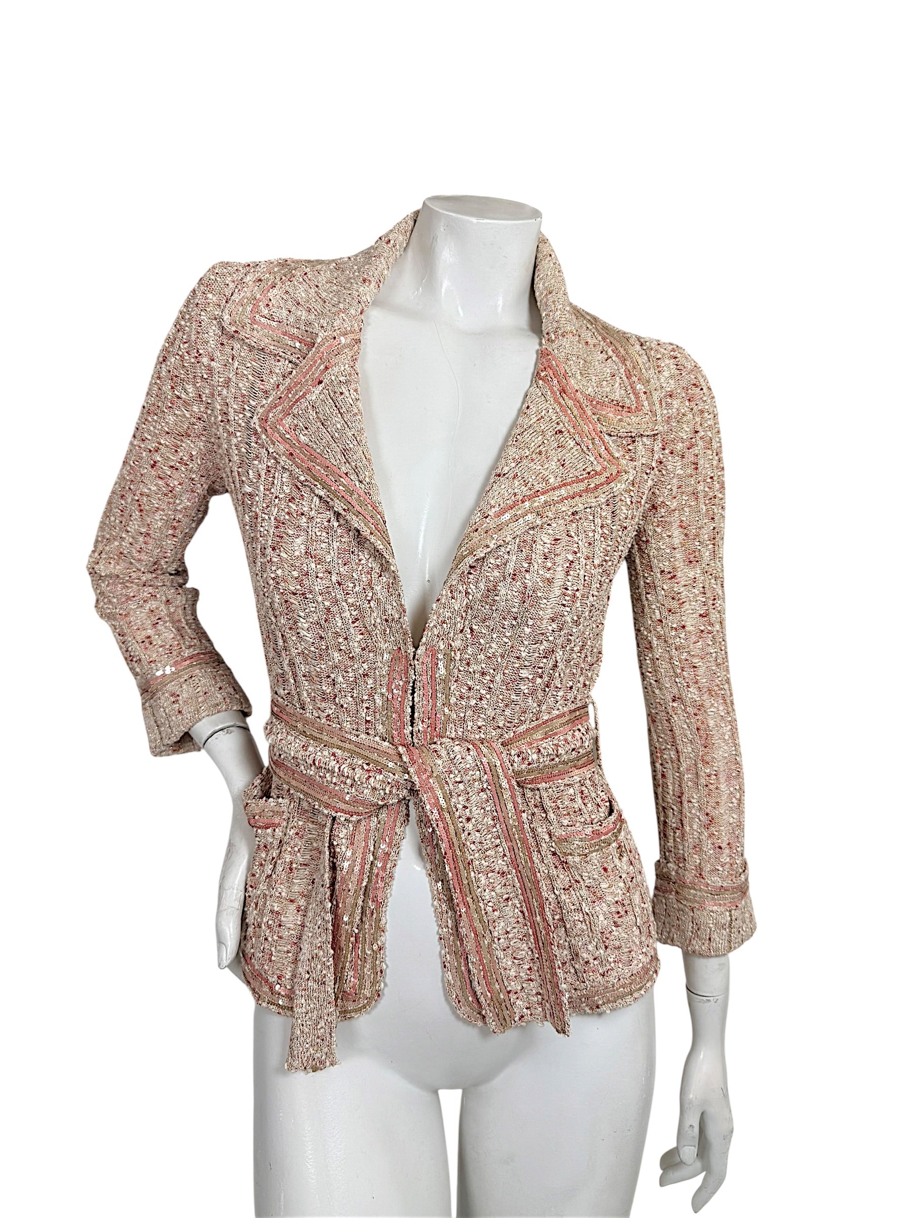 Vintage Chanel Spring 2006 06P beige pink and gold sequin knit belted cardigan jacket front view