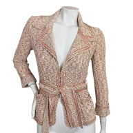 Vintage Chanel Spring 2006 06P beige pink and gold sequin knit belted cardigan jacket front view