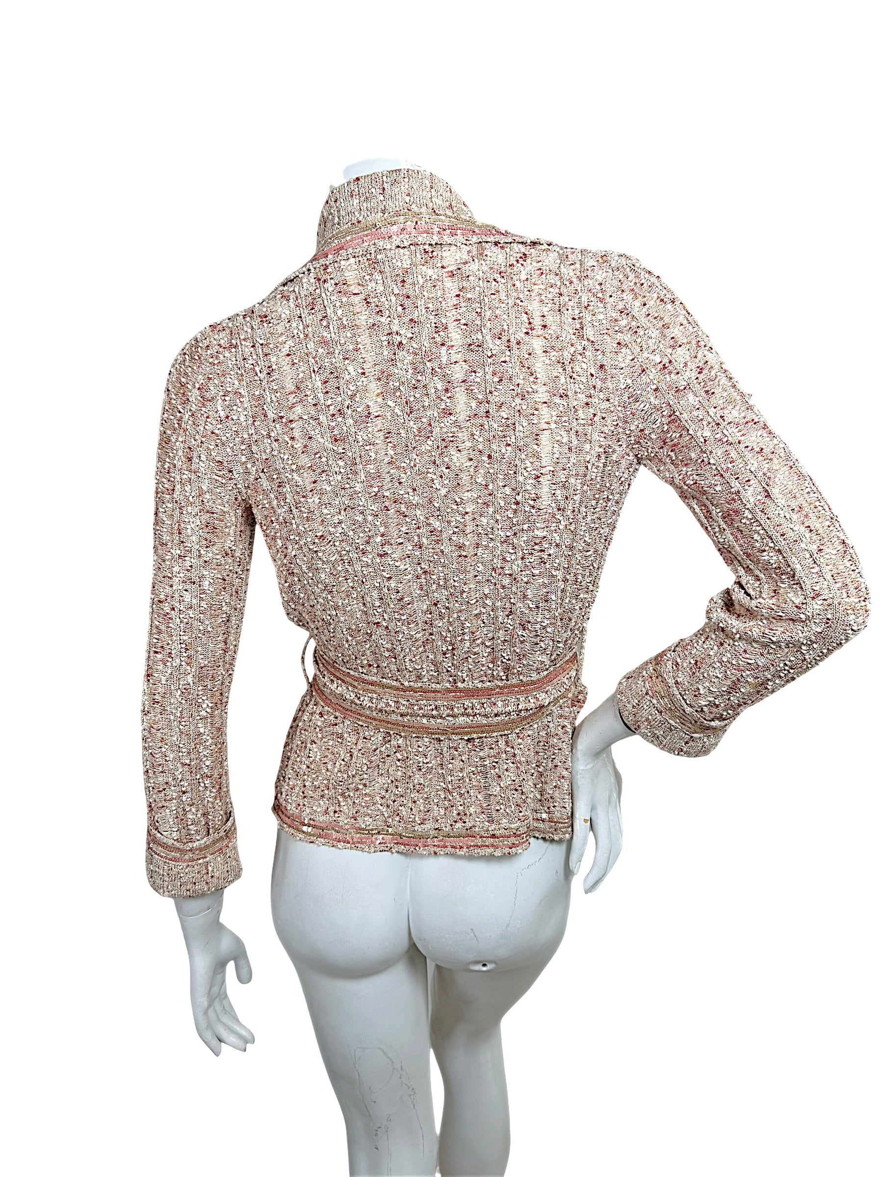 Chanel Spring 2006 textured beige pink and gold knit cardigan jacket back view with self-tie belt