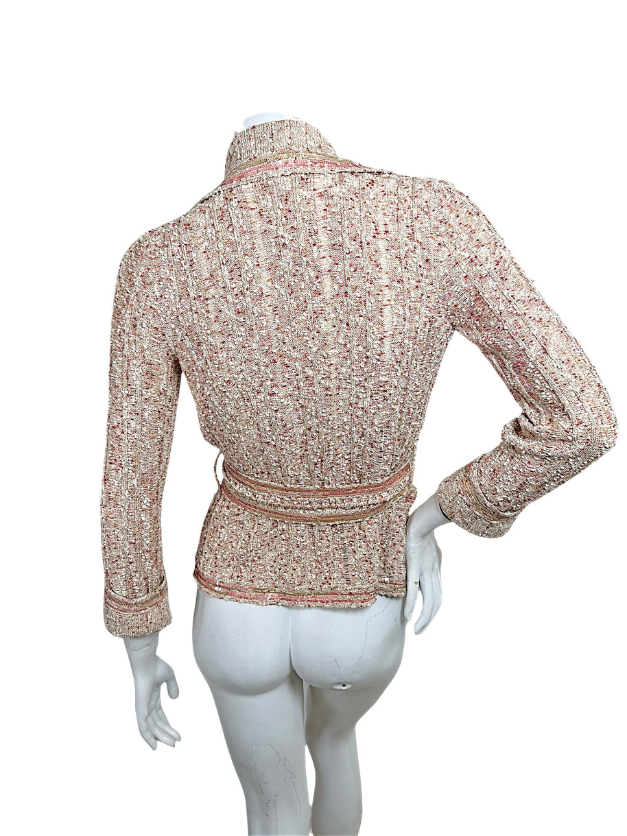 Chanel Spring 2006 textured beige pink and gold knit cardigan jacket back view with self-tie belt