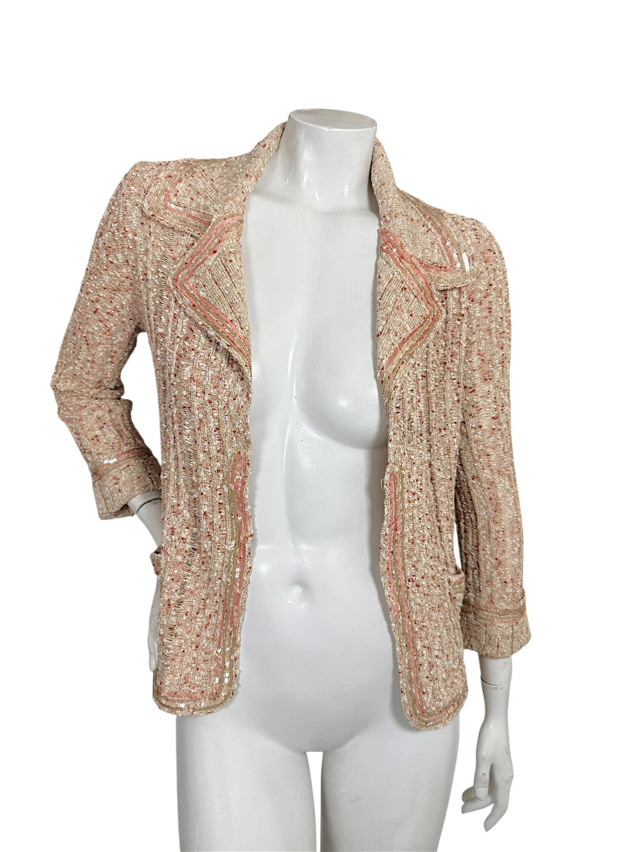 Chanel Spring 2006 beige pink and metallic knit cardigan jacket shown open with sequin trim