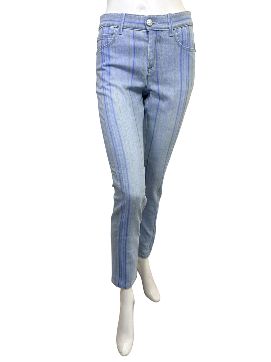Chanel Spring 2006 light blue striped denim jeans front view with slim ankle silhouette and tonal vertical stripe detailing.