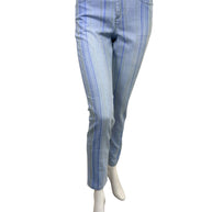 Chanel Spring 2006 light blue striped denim jeans front view with slim ankle silhouette and tonal vertical stripe detailing.