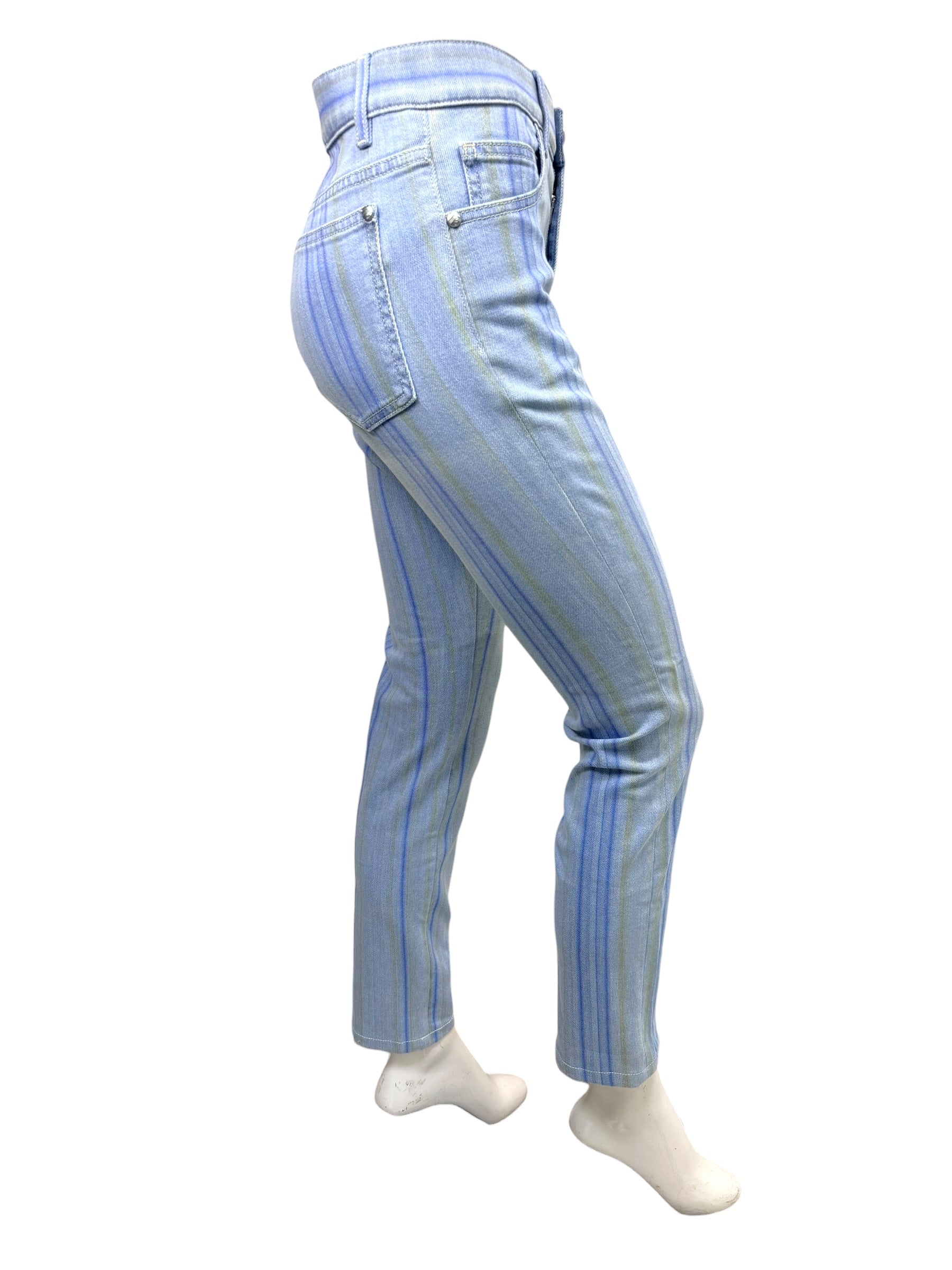 Side back view of Chanel Spring 2006 striped denim jeans showing slim fit silhouette and rear pocket detailing.
