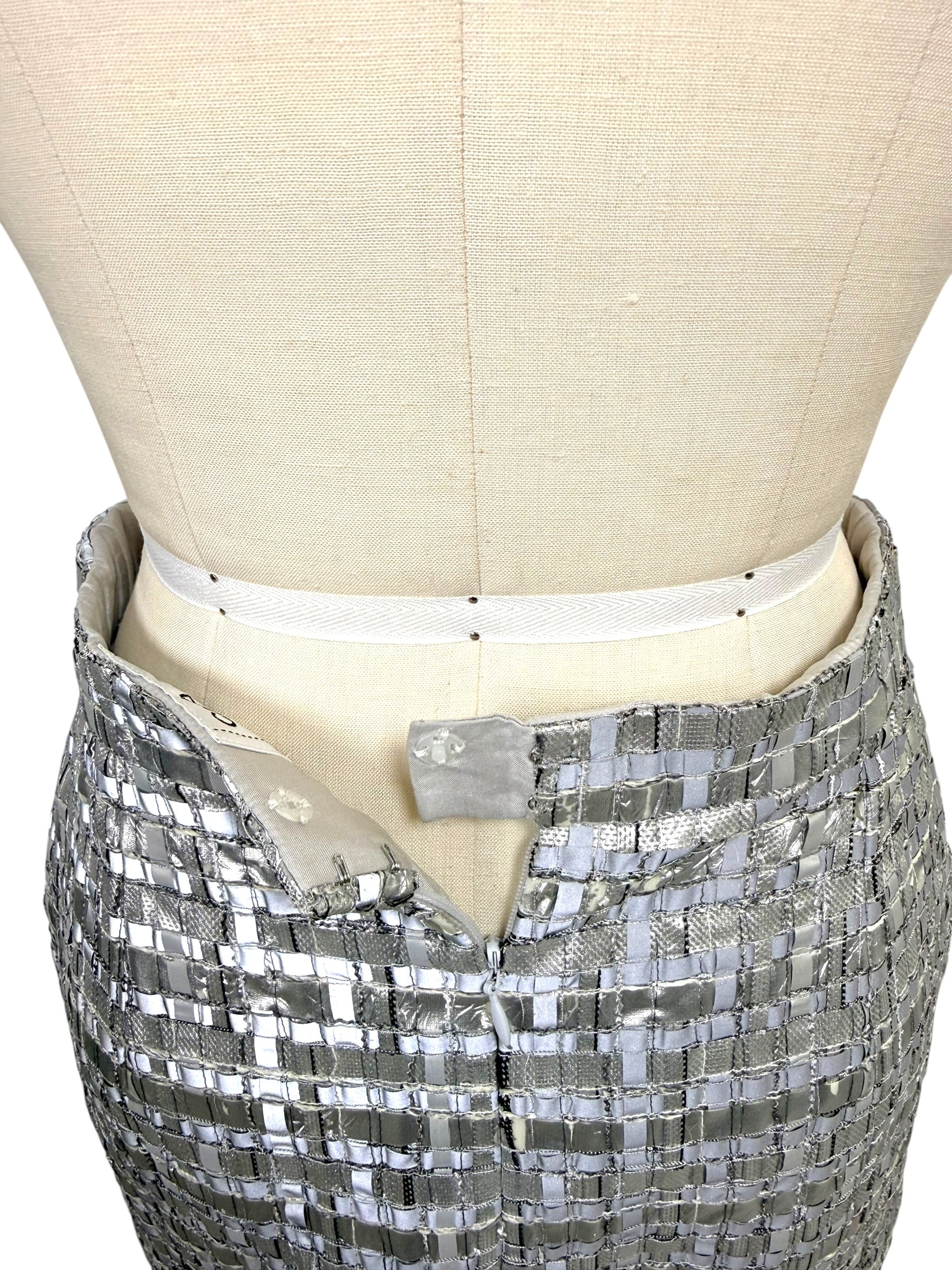 Interior waistband view of Chanel Spring 2016 metallic woven pencil skirt.