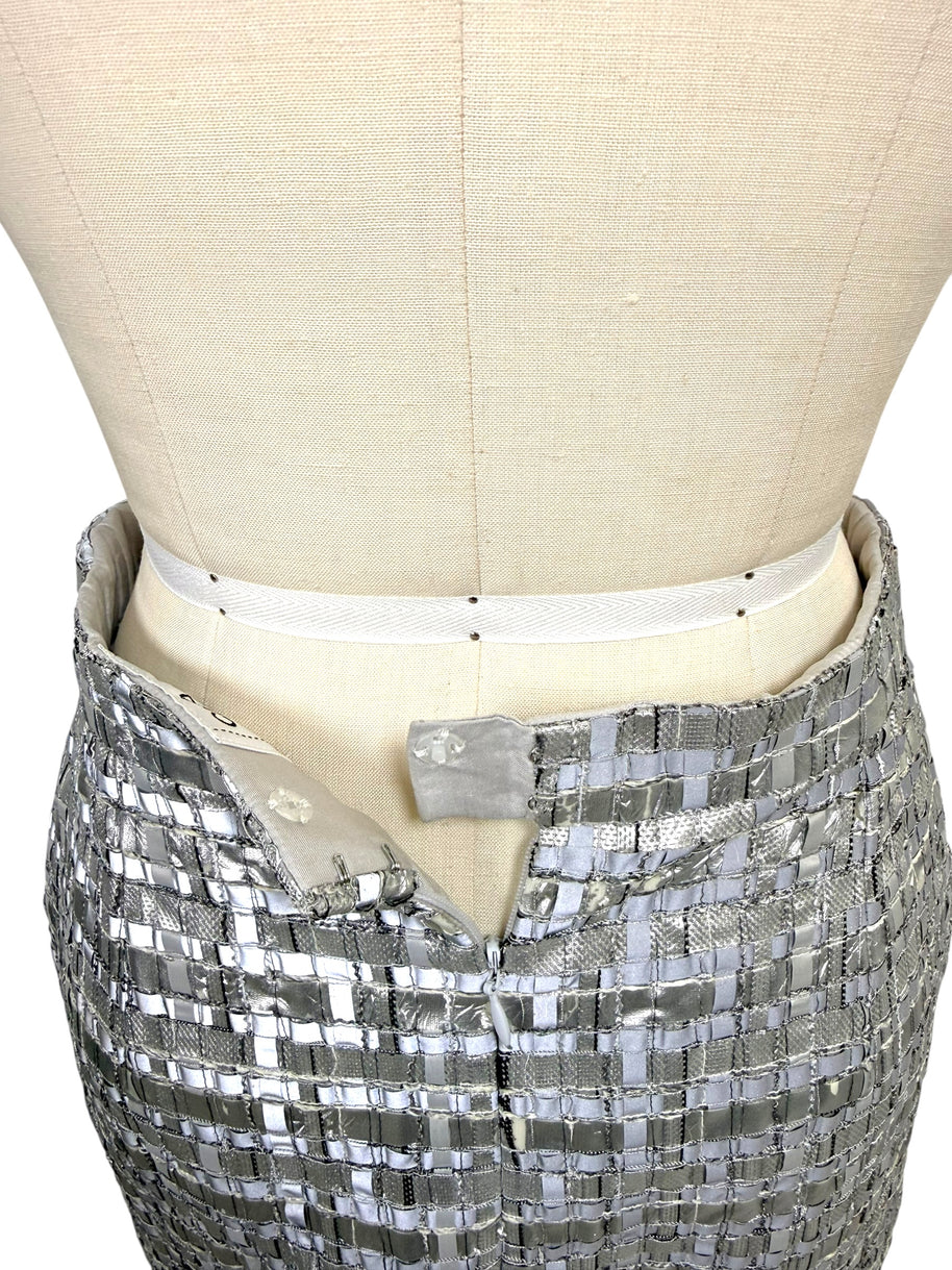Interior waistband view of Chanel Spring 2016 metallic woven pencil skirt.