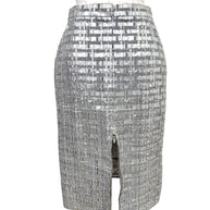 Chanel Spring 2016 silver metallic skirt rear vent shown open.