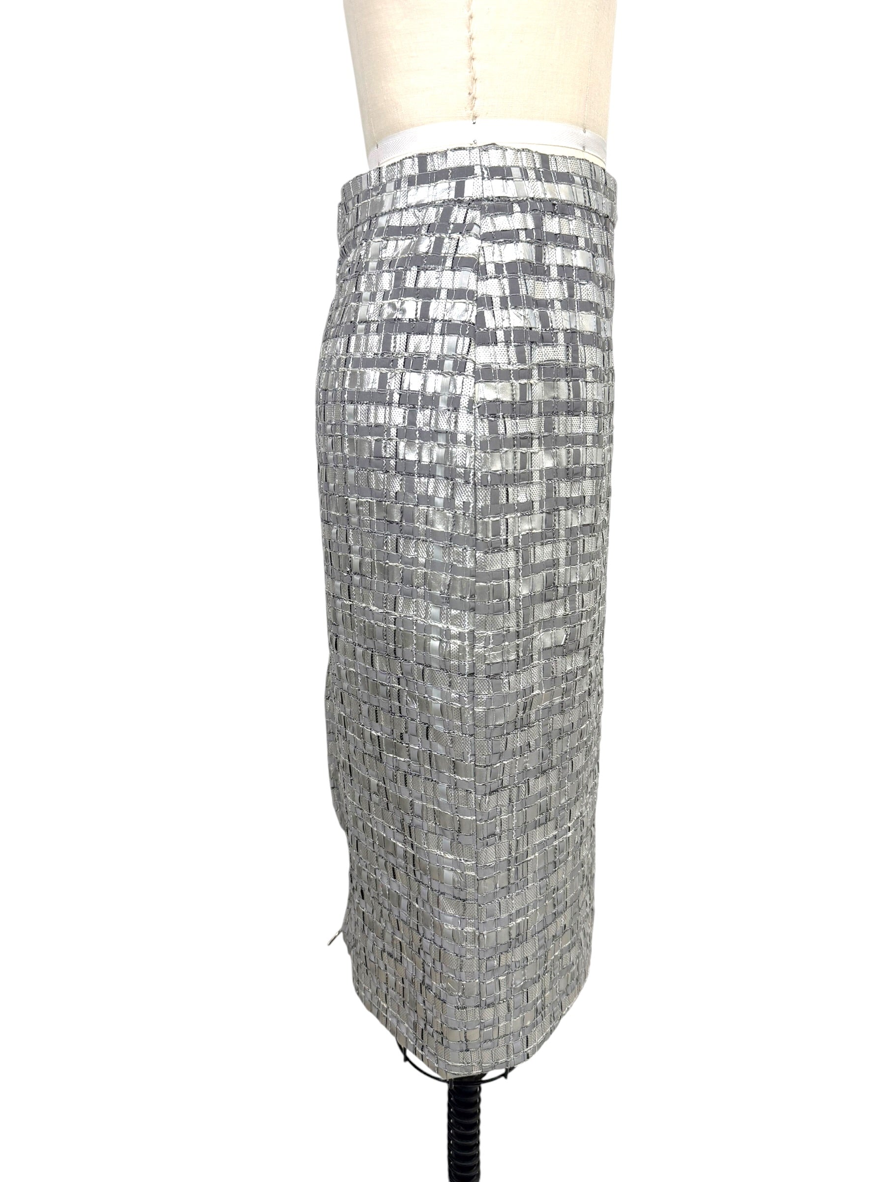 Side view of Chanel Spring 2016 silver metallic woven pencil skirt.