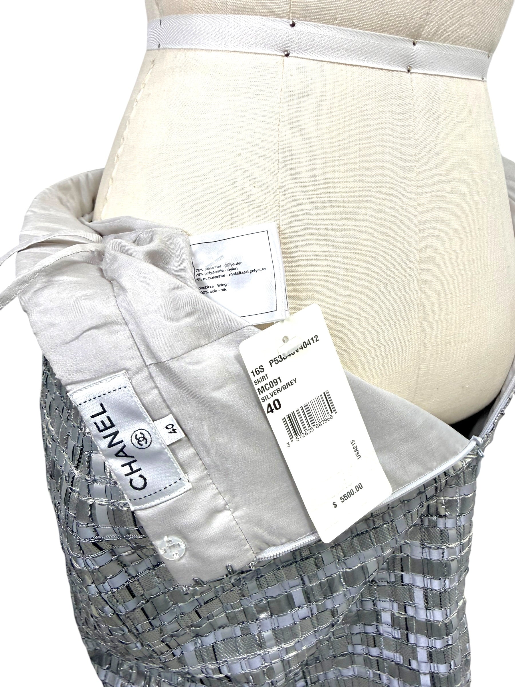 Chanel Spring 2016 metallic woven pencil skirt with original retail tags attached.