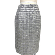 Chanel Spring 2016 silver metallic woven pencil skirt front view on dress form.