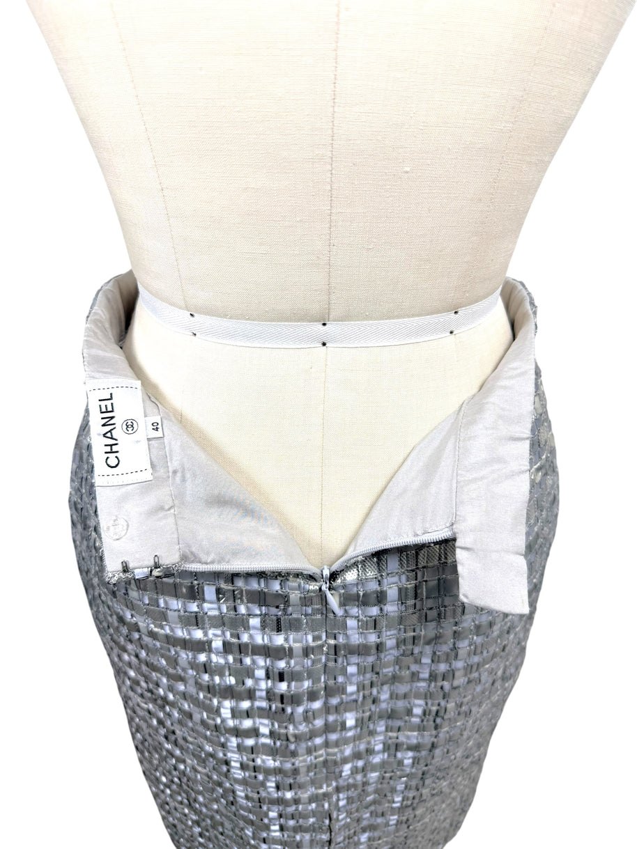 Chanel Spring 2016 silver metallic skirt interior label showing size FR 40.