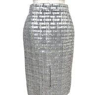 Back view of Chanel Spring 2016 silver metallic pencil skirt with rear vent.
