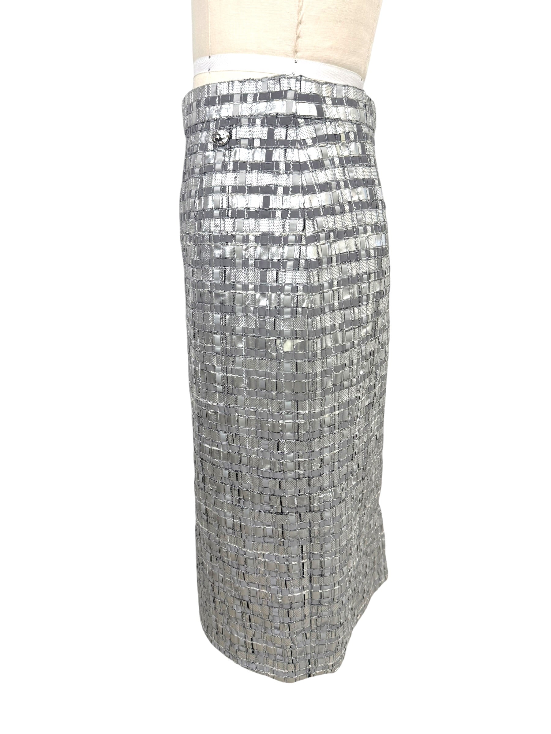 Chanel Spring 2016 silver woven pencil skirt side view with logo button.