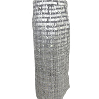 Chanel Spring 2016 silver woven pencil skirt side view with logo button.