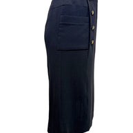 Vintage Chanel Spring 1997 black midi skirt with signature CC buttons and oversized patch pocket, right side view