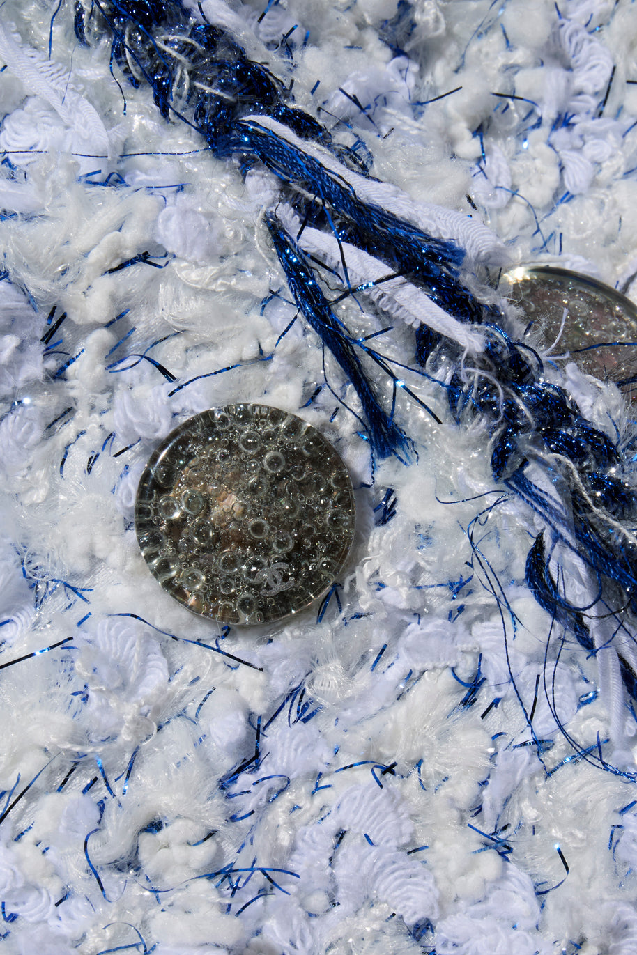 Chanel Spring Summer 2018 light blue fantasy tweed jacket button and woven fabric detail