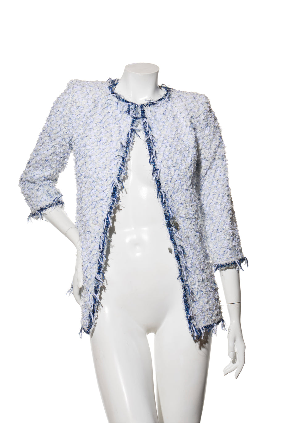 Chanel Spring Summer 2018 light blue fantasy tweed jacket FR38 front view