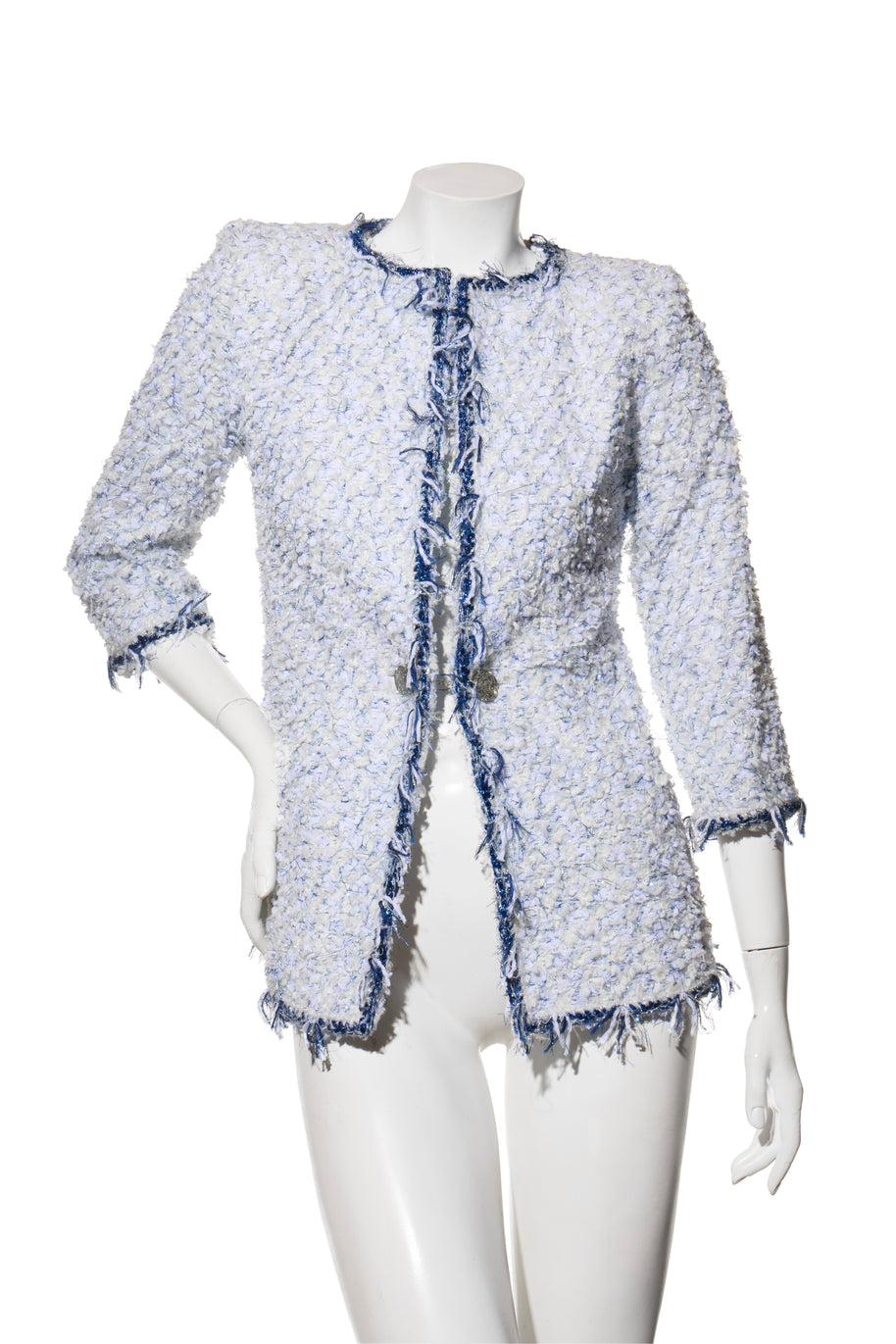 Chanel Spring Summer 2018 light blue tweed jacket FR38 front three-quarter view