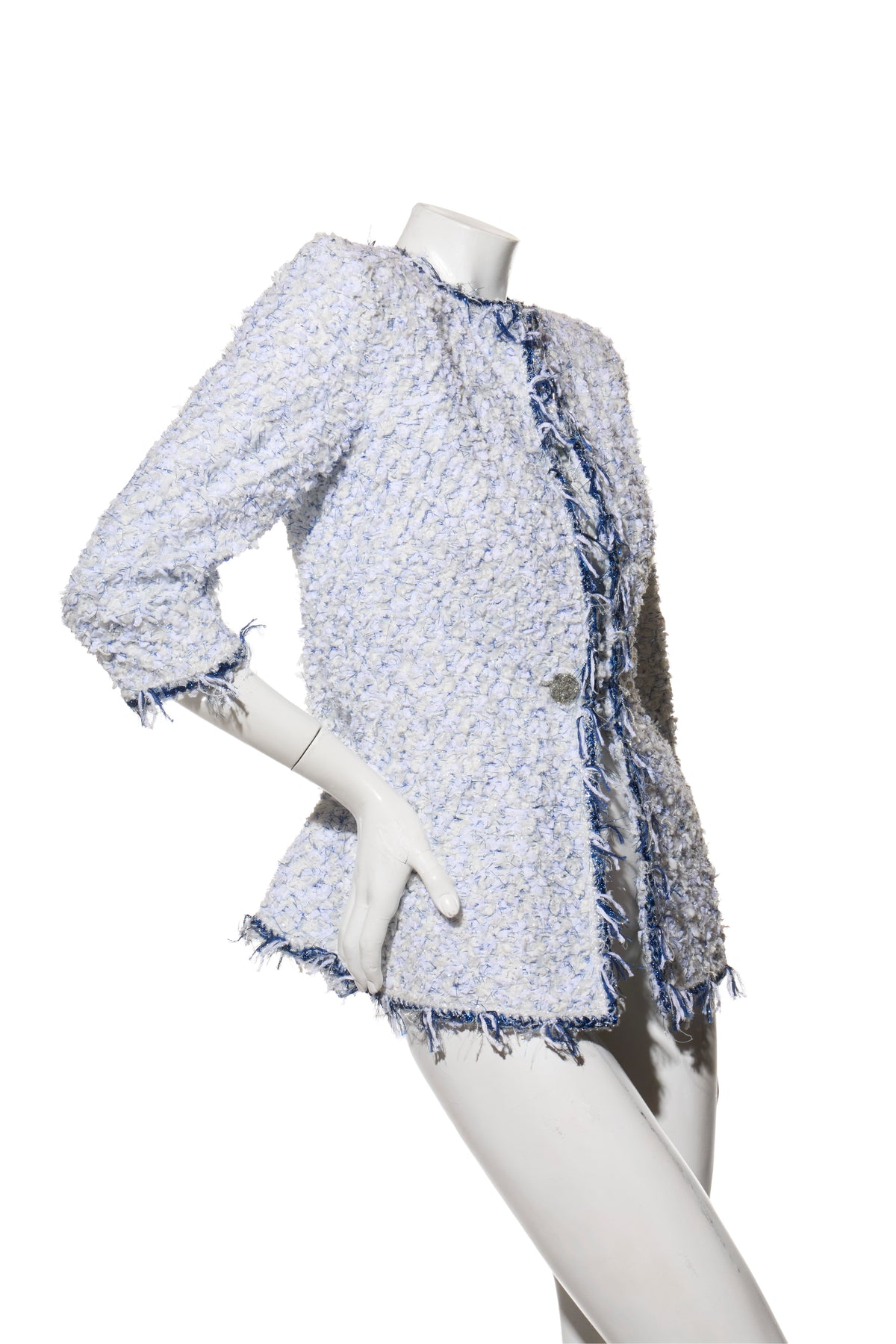 Chanel Spring Summer 2018 light blue tweed jacket FR38 side angle on mannequin