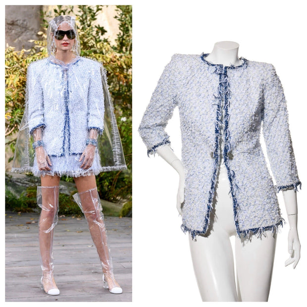Chanel Spring Summer 2018 light blue tweed jacket shown on runway and mannequin