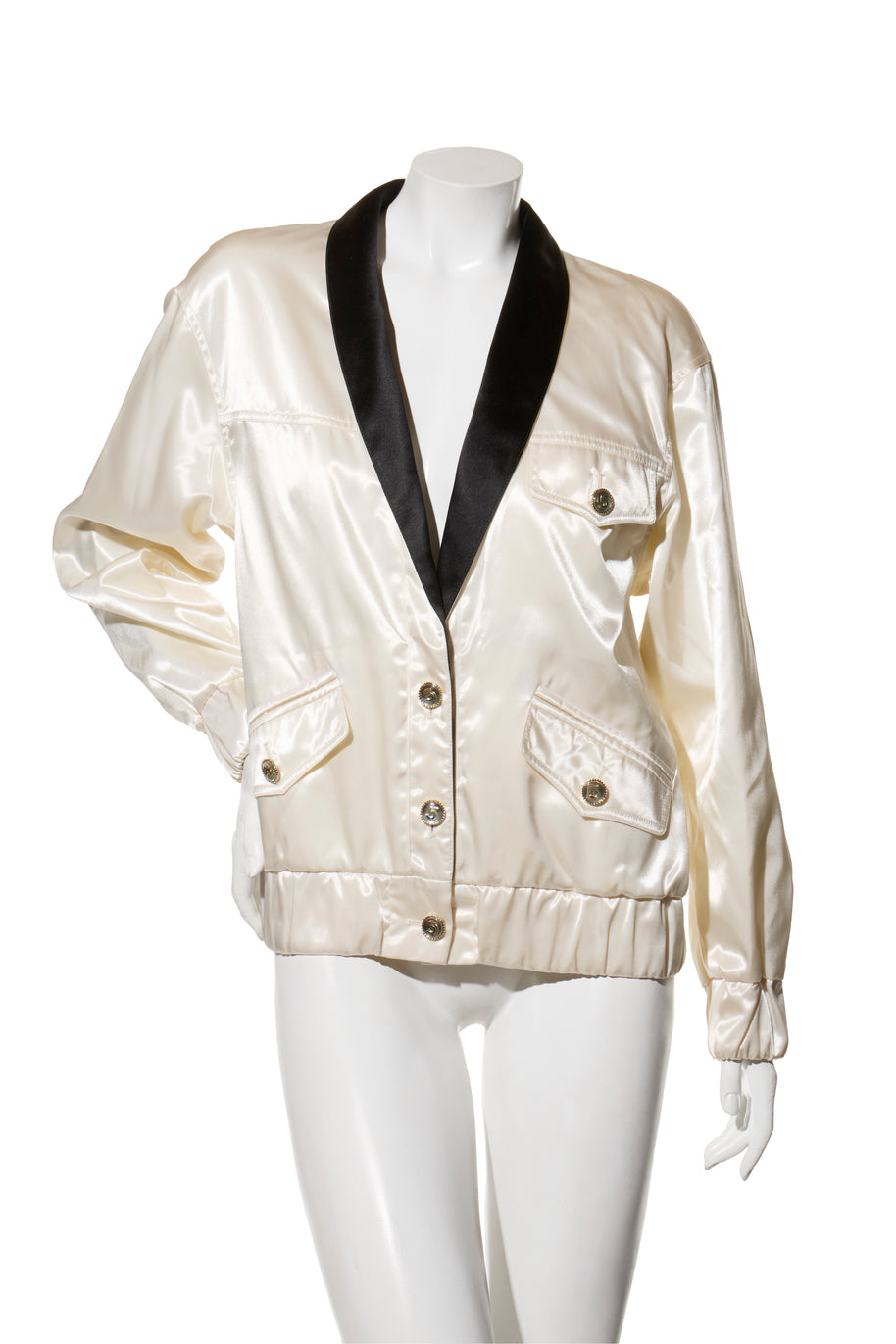 Chanel Spring Summer 2021 ecru satin bomber jacket FR 34 front view