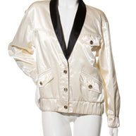 Chanel Spring Summer 2021 ecru satin bomber jacket FR 34 front view