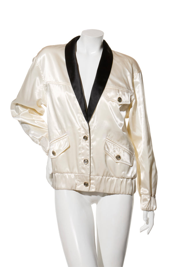 Chanel Spring Summer 2021 ecru satin bomber jacket FR 34 front view